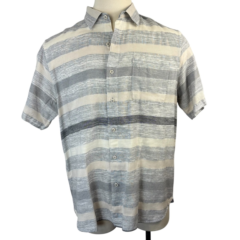 Tommy Bahama Mens XL Short Sleeve‎ Button Up Shirt Gray Striped Casual